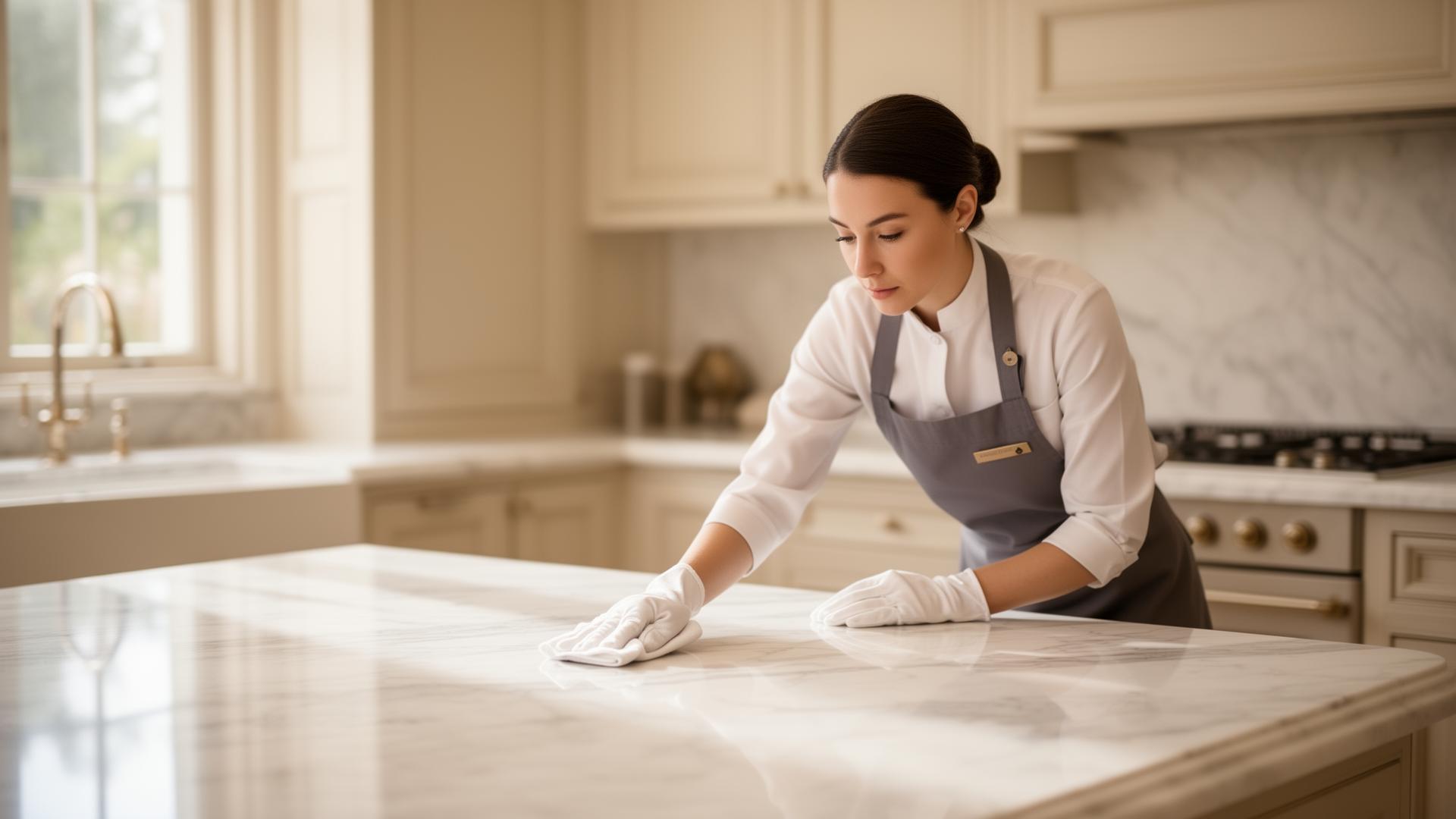 A Rocky Mountain Cleaners professional polishing a marble counter