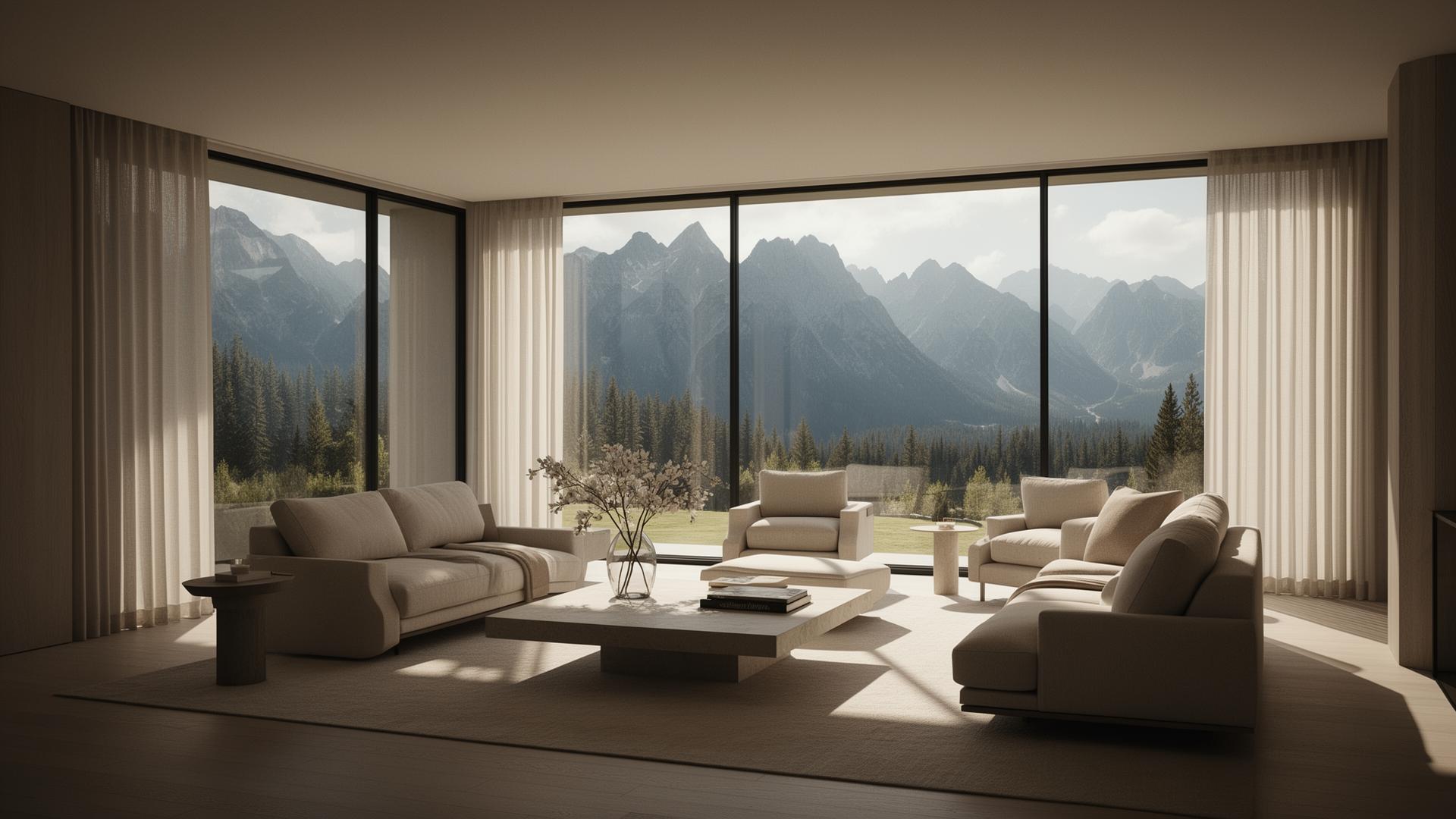Sunlit luxury living room with a Rocky Mountain view